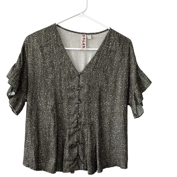 Anthropologie Dolan Olive Green Short Sleeve Ruffle Blouse Top Size Petite Small - Picture 1 of 10
